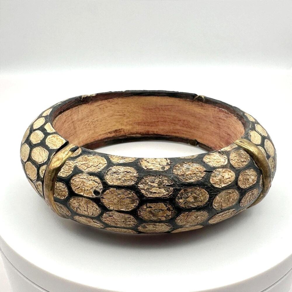 Vintage 90s Y2K Boho Chunky Wooden Bangle Snake Skin Pattern Statement Jewelry